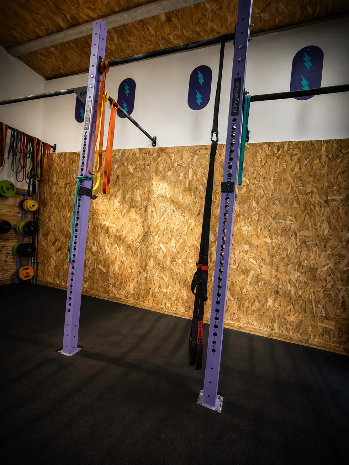 Rack de musculation, élastiques et disques du studio BodyTonik à Cazan